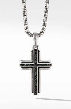 Sterling silver. Pavé black diamonds, 0.28 total carat weight. Pendant, 34mm. Please note: pendant only, chain sold separately. Imported. Black Sterling Silver Necklace, Formal Sterling Silver Jewelry With Black Diamonds, Timeless White Gold Jewelry With Black Diamonds, Formal Gunmetal Box Chain Jewelry, White Gold Necklace With Black Diamonds For Gift, Black Engraved Cross Jewelry, Black Sterling Silver Box Chain Jewelry, Black Sterling Silver Jewelry With Box Chain, Luxury Black Diamond Pendant Necklace