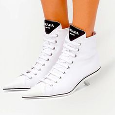 Prada Synthesis High Top Heeled Sneakers! Rare Sold Out 40.5 9.5 White Black White Pointed Toe Sneakers For Spring, White Leather Pointed Toe Sneakers, Pointed Toe White Leather Sneakers, Heeled Sneakers, Prada Shoes, Sneaker Heels, Summer Shoes, High Top, Shoes Women Heels