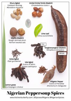 the different types of spices are shown in this poster, which includes nuts and leaves