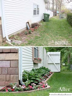 two pictures of the same house and one has flowers growing out of it in front