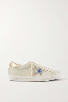 GOLDEN GOOSE Superstar crystal-embellished distressed leather sneakers | NET-A-PORTER Swarovski Golden Goose, Expensive Wishlist, Gameday Fits, Bedroom Things, Golden Goose Superstar, Preppy Shoes, Preppy Stuff, Shoe Wishlist, Goose Shoes