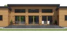 this is an artist's rendering of a modern house with large windows and steps leading up to the front door