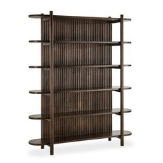 a wooden book shelf with three shelves on each side and four shelves in the middle