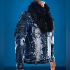 Men’s Makobi Ribbed Distressed Detachable Fur Collar Biker Jacket-Dark Wash Makobi Urban Clothing Brands Maintains Ultimate Quality In It’s Brands Ultimate Quality Makes For A More Quality Feel And Fit This Garment Has Been Hand Crafted To The Highest Of Standards Slightly Distressed/Destroyed Denim Jacket With Fur Collar Soft Silky Fur Collar Has Blue Hues Made From 70% Cotton And 28% Polyester 2% Spandex Good Quality Denim Gold Accents With Zipper Front 4 Pocket Design With Gold Zipper Lightwe Urban Denim Biker Jacket For Winter, Winter Denim Biker Jacket With Long Sleeves, Denim Long Sleeve Biker Jacket For Winter, Denim Biker Jacket With Long Sleeves For Winter, Fitted Biker Denim Jacket For Winter, Winter Long Sleeve Denim Biker Jacket, Denim Biker Jacket For Winter, Urban Fitted Denim Blue Outerwear, Urban Style Dark Wash Winter Outerwear