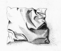 a black and white drawing of a pillow on the floor with its cover pulled back