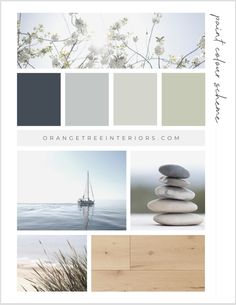 the color scheme for an interior design project with white flowers and gray rocks on it