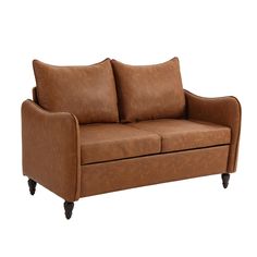 a brown leather couch sitting on top of a wooden frame with two arms and legs