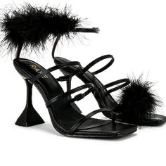 Raye Zula Black Ostrich Feather Sandals Ankle Straps With Buckle Square Toe Cushioned Footbed Angled Heel 3.75” Heel Current Style; Sold Out At Revolve Great Preowned Condition! Feather Sandals, Feather Heels, Leather Heels Sandals, Ostrich Feather, Current Styles, Black Leather Heels, Ostrich Feathers, Black Feathers, Heels Sandals