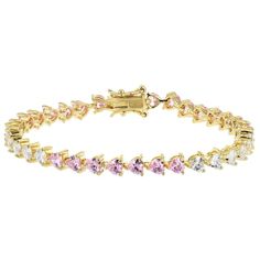 Bella Luce ® pink and white diamond simulants 14.39ctw heart, Eterno™ 18k yellow gold over sterling silver heart tennis bracelet. Measures approximately 7.25" or 8"L x 0.19"W and has a hidden box closure. The diamond equivalent weight is 9.00ctw. Fine Jewelry Cubic Zirconia Heart Cut Bracelet, Pink Gold Cubic Zirconia Heart Cut Jewelry, Pink Gold Heart Cut Cubic Zirconia Jewelry, Gold Cubic Zirconia Tennis Bracelet For Valentine's Day, Gold Cz Tennis Bracelet For Valentine's Day, Pink Cubic Zirconia Tennis Bracelet Gift, Cubic Zirconia Heart Cut Tennis Bracelet, Gold Cubic Zirconia Heart Cut Bracelet, Valentine's Day Yellow Gold Heart Bracelet With Cubic Zirconia