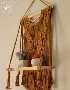 a macrame wall hanging with potted plants and two planters on it