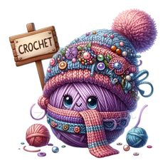 a drawing of a purple ball of yarn with a sign that says crochet