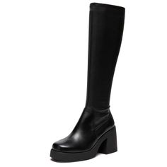 PRICES MAY VARY. Black knee high boots heel height: 8.2cm/3.25", platform height: 2.54cm/1", shaft height: 36cm/14.17", elastic opening: 37cm/14.57in Premium veagn leather upper and soft microfiber fabric lining, the cushioned padded insole can rest assured. Round-toe chunky block heel boots feature side zipper closure with stretch gore closure, easy to put on and take off. Designer style, suitable for you to wear on a variety of occasions such as daily casual, formal business ,holiday and so on Black High Boots Outfit, Chunky Knee High Boots, Knee High Black Boots, Black Leather Knee High Boots, Stretch Boots, High Boots Outfit, Black High Boots, Leather Knee High Boots, Boots Heel