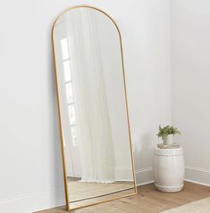 a large mirror sitting on top of a wooden floor next to a potted plant