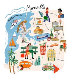 an illustrated map of marseille, france with people and things to see in the city