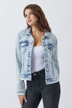 Add a touch of cool and casual to any outfit with our ❤️GYPSY-RISEN- Button Up Washed Denim Jacket. Made with a classic button-up front and versatile washed denim fabric, it,s a timeless wardrobe staple that offers a relaxed and effortless look. With buttoned chest pockets, it,s both stylish and practical. Dress it up or down for any occasion!  PRODUCT MEASUREMENTS (INCH) 🔷  Size Letter Size Waist Low Hip 23 XS 24 34 24 S 25 35 25 S 26 36 26 M 27 37 27 M 28 38 28 L 29 1/2 39 1/2 29 L 31 41 30 X Light Wash Jean Jacket, Vintage Wash Jeans, Acid Wash Denim Jacket, Light Wash Denim Jacket, Denim Outfits, Timeless Wardrobe, Classic Denim Jacket, Timeless Wardrobe Staples, Acid Wash Denim