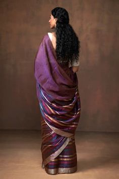 Purple handloom saree, elevated with contrast and multi color zari stripes. Comes along with unstitched blouse piece. - Aza Fashions Elegant Multicolor Cotton Silk Pre-draped Saree, Designer Multicolor Tussar Silk Pre-draped Saree, Designer Multicolor Tissue Silk Pre-draped Saree, Elegant Multicolor Pre-draped Saree With Zari Weaving, Elegant Multicolor Tissue Silk Pre-draped Saree, Fusion Style Blouse Piece For Diwali, Fusion Blouse Piece For Diwali, Fusion Style Multicolor Pre-draped Saree For Diwali, Designer Fusion Pre-draped Multicolor Saree