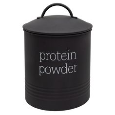 a black canister with the words protein powder written in white on it's side