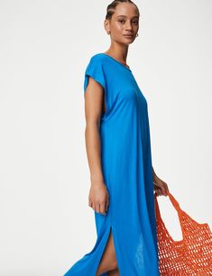 Jersey High Neck Midi T-Shirt Dress | M&S US Summer Dress With Side Slits And Crew Neck, Summer Dresses With Side Slits And Crew Neck, Oversized Crew Neck T-shirt Dress For Summer, Casual Relaxed Fit Maxi Dress, Casual Cotton Maxi Dress For Loungewear, Casual Summer Maxi Dress For Loungewear, Casual Summer Lounge Maxi Dress, Blue Casual T-shirt Dress For Spring, Casual Blue T-shirt Dress For Spring