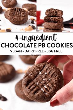 chocolate pb cookies are stacked on top of each other with the text, 4 ingredient chocolate pb cookies vegan - dairy free egg free