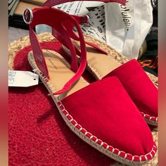 Size 8.5 Nwt Red Time & Tru Espadrilles. Woven Edge With Suede Foot Cover Red Lace-up Sandals For Spring, Red Casual Espadrilles With Flat Heel, Casual Red Espadrilles With Flat Heel, Casual Red Flat Heel Espadrilles, Casual Red Flat Espadrilles, Casual Sandals With Red Sole For Spring, Closed Toe Espadrilles With Red Sole, Casual Red Sandals With Woven Sole, Red Closed Toe Espadrilles For Spring