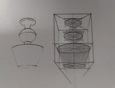 a drawing of a vase next to a drawing of an object on a white wall