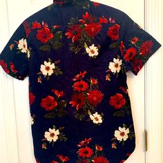 Men Flower Print Shirt Dark Blue Background White /Red Flowers Casual Red Shirt With Floral Print, Red Floral Print Shirt With Relaxed Fit, Red Floral Hawaiian Shirt For Spring, Red Floral Print Hawaiian Shirt For Spring, Red Cotton Shirt With Floral Print, Cactus Shirt, Flower Print Shirt, Dark Blue Background, Background White