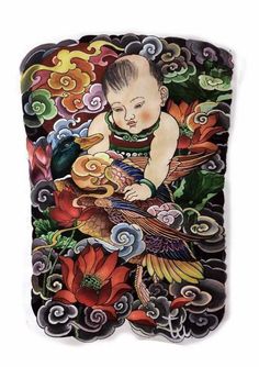 a painting of a baby holding a bird on top of it's head and surrounded by flowers