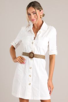 Stay cool and stylish in this breathable Reach Land's End Ivory Button Down Shirt Dress. With its cute and simple design, this classic dress is perfect for any occasion. Perfect for a casual day out or dressed up for a night on the town. Features a collar neckline, functional buttons, roll tab sleeves, a detachable woven & wooden belt, and two breast pockets. 97% Cotton, 3% Spandex Hand Wash Cold Unlined Belt measures 40.5" Imported Model is wearing a size small Sorority Rush Dresses, Button Shirt Dress, Rush Dresses, Cardigan Crop Top, Land's End, Button Down Shirt Dress, Cardigan Crop, Red Dress Boutique, Woven Belt