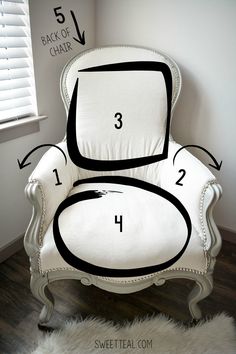 a white chair with black numbers on it and the measurements to make it look like an armchair