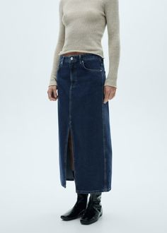 Denim midi-skirt - Women | MANGO USA Denim Style, Denim Midi Skirt, Women Skirts Midi, Medium Blue, Denim Fashion, Skirt Length, Czech Republic, Blue Denim, Midi Skirt