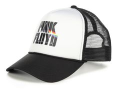 100% polyester fabric upper with mesh back and pre-curved visor bill, Padded foam front with printed Pink Floyd prism logo, Adjustable snap back closure, Built-in jersey sweatband for added comfort, One size fits most | David and Young Pink Floyd Trucker Cap in Black Black Trucker Hat With Letter Print, Mesh Baseball Cap For Streetwear, One Size, Mesh Baseball Cap For Streetwear, One Size Fits Most, Streetwear Mesh Baseball Cap One Size, Trendy White Mesh Baseball Cap, Black Trucker Hat With Letter Print For Sports Events, Black Trucker Hat For Sports Events With Letter Print, Black Mesh Trucker Hat With Curved Visor, Mesh Visor Trucker Hat For Streetwear