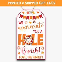 an orange and white gift tag with the words we appreciate you a hole in it