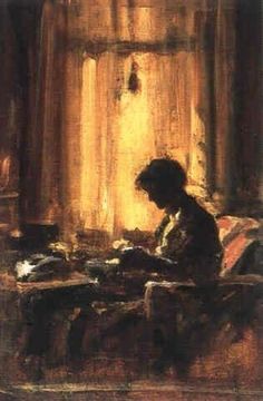 a painting of a person sitting in front of a window with sunlight coming through the curtains