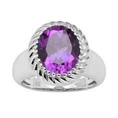 Rhodium plating provides a lasting shine. Details:  5/8-in. width Rhodium-plated sterling silver  Size: 7. Color: Purple. Gender: female. Age Group: adult. Oval Amethyst Ring With Polished Finish, Oval Amethyst Ring With Gemstone Accents In Sterling Silver, Oval Amethyst Sterling Silver Ring For Formal Occasions, Polished Amethyst Ring For Anniversary, Polished Amethyst Anniversary Ring, Elegant Sterling Silver Amethyst Ring Oval Cabochon, Oval Purple Gemstones, Silver Amethyst Oval Cabochon Ring, Oval Amethyst Ring With Center Stone