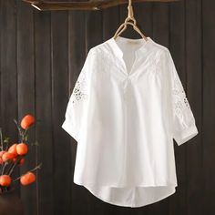 Women's V-Neck Embroidery Mid-Sleeve Solid Shirt Elegant Blouse Shirt Elegant, Neck Embroidery, Cheap Clothing, Embroidery Materials, Elegant Blouses, Elegant Shirt, Women Shirts Blouse, Cheap Clothes, Clothing Women