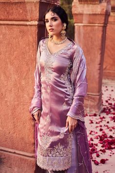 Dusty purple kurta with zari thread embroidered floral vine motifs highlighted by sequins. Comes with palazzo and scalloped sequin embroidered dupatta. - Aza Fashions Elegant Purple Salwar Kameez With Zari Work, Designer Purple Unstitched Suit With Resham Embroidery, Semi-stitched V-neck Kurta, Elegant Purple Salwar Kameez For Eid, Semi-stitched Purple Raw Silk Kurta, Purple Semi-stitched Raw Silk Kurta, Designer Raw Silk Purple Salwar Kameez, Designer Purple Raw Silk Salwar Kameez, Designer Wear Purple Raw Silk Salwar Kameez