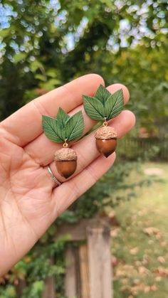 two small acorns with leaves on them are held in someone's hand