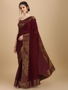 Maroon and gold-toned sareeSolid woven design saree with woven design borderHas patchwork detailThe saree comes with an unstitched blouse pieceThe blouse worn by the model might be for modelling purpose only. Check the image of the blouse piece to understand how the actual blouse piece looks like. Design Saree, Woven Design, Blouse Piece, Kimono Top, Gold Tones, Saree, Silk, Women's Top, Gold