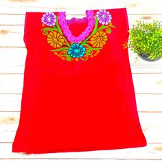 Unique Handmade Embroidered Blouse. Beautiful Color And Very Comfortable. Fast Shipping Red Embroidered Top With Embroidered Hem, Red V-neck Blouse With Floral Embroidery, Red Folk Tops With Floral Embroidery, Red Embroidered Folk Blouse, Red Embroidered Summer Blouse, Summer Embroidered Red Blouse, Red Embroidered V-neck Blouse, Traditional Red Tops With Embroidered Neckline, Traditional Red Top With Embroidered Neckline