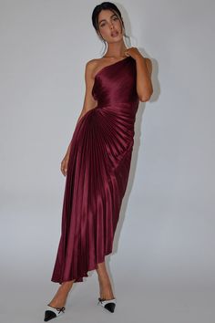 Shop the Brooklynn One-Shoulder Accordion Pleat Wine | Selfie Leslie Off-shoulder Pleated Midi Cocktail Dress, Maxi Length Evening Dress With Folds For Party, Maxi Length Party Dress With Folds, Evening Satin Pleated Dress, Pleated One-shoulder Evening Dress For Gala, Off-shoulder Pleated Maxi Dress For Evening, One-shoulder Pleated Evening Dress For Gala, Pleated Off-shoulder Maxi Dress For Evening, One Shoulder Pleated Evening Dress For Gala