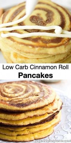 pancakes are stacked on top of each other with white icing and cinnamon rolls in the middle