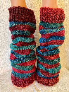 "** BEFORE ORDERING - Please check current processing and shipping times! This item is MADE TO ORDER. ** Perfect for Christmas elves everywhere! Two stripe red and sea-green hand-knitted leg warmers in warm, soft, easy-care acrylic yarn. Machine washable, and totally unique - no two pairs the same! The leg warmers are all 16\" long, and can be made in two widths: Standard - max 14-16\" (fully stretched) around (size shown in photos) Wide - max 16-18\" (fully stretched) around. It is advisable to measure around the widest part of your leg to make sure these will fit before ordering. If you require a different fit to those shown, please get in touch. Children's sizes available in a different listing.   Photos for example only. The arrangement of colours will vary in each pair. They will be m Red Leg Warmers For Winter Stocking Stuffer, Casual Multicolor Knitted Leg Warmers, Casual Multicolor Knitting Pattern For Winter, Knitted Leg Warmers For Winter, Multicolor Knitted Leg Warmers For Fall, Multicolor Knit Pattern For Winter, Winter Multicolor Knitting Pattern, Cozy Multicolor Knitting Pattern For Winter, Cozy Multicolor Winter Knitting Pattern