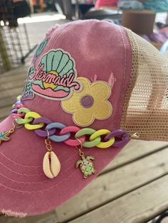 Mermaid life is the life! Pink ponytail cap Customized with iron on patches, hat chain and charms One size fits most Mermaid Hats For Kids, Pink Fun Baseball Cap For Beach, Customizable Pink Casual Baseball Cap, Pink Cap With Patches, Pink Mermaid Accessories, Pink Ponytail, Hat Chain, Ponytail Cap, Watch Band Bracelet