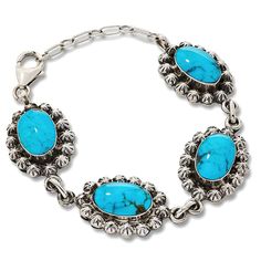 Chaco Canyon Sterling Silver Kingman Turquoise Oval Station Bracelet Bring a touch of chic, Southwestern style to any outfit with coveted Kingman turquoise stones around your wrist. Handcrafted by Native American artisans, this beautiful bracelet design features four, brilliant blue turquoise stones outlined in decorative, dimensional silver stars.        Approx. 6-3/4"L x 3/4"W; fits 6-3/4" to 8-3/8" wrist     Stamped .925     Lobster claw clasp     Sterling silver bracelet has four, oval-shaped stations linked together     Each station has oval turquoise in center, framed in dimensional, star-shaped silver beads     Oval link extender     Oxidized, polished finish   Stone Information       All sizes and weights approximate     Stabilized Kingman Turquoise - Oval (16x10mm); mined in USA Chaco Canyon, Station Bracelet, Southwest Jewelry, Color Bands, Bracelet Design, Jewelry Show, Turquoise Stones, Kingman Turquoise, Southwestern Style