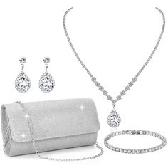 PRICES MAY VARY. WOMEN'S SILVER JEWELRY SET: Silver jewelry set has 4 items, costume jewelry for women, including a silver clutch for women formal, rhinestone bracelet, silver necklace and earrings. Various style combinations of silver jewelry set for prom can meet the matching needs of different people. The shiny appearance of silver purses for women evening makes you the center of attention in the crowd at any time. Prom jewelry can also be paired with other accessories to make you more attractive SILVER NECKLACE SET: Prom accessories is made of high-quality materials, sparkly and durable. Silver necklace and earring set is hypoallergenic, lead and nickel free, suitable for sensitive skin. The surface of silver clutch purses for women formal is inlaid with rhinestones, which sparkle unde Homecoming Accessories, Homecoming Jewelry, Silver Prom Jewelry, Sparkly Clutch, Prom Jewelry Sets, Silver Clutch Purse, Prom Purse, Bag Necklace, Womens Silver Jewelry