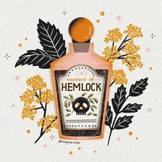 an orange bottle with flowers and leaves around it that says, peace of hemlock