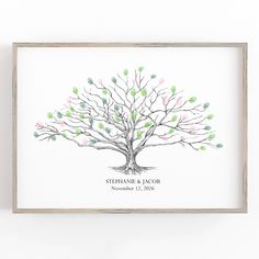 a watercolor drawing of a tree with the names and date on it, in pastel colors