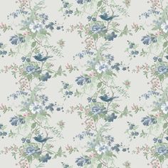 a floral wallpaper with blue flowers and birds on it's back drop down