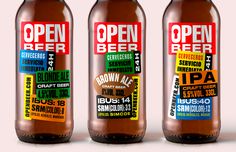 three bottles of beer with different types of labels on each bottle and the words open beer printed on them