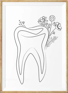 a black and white drawing of a tooth with flowers on it